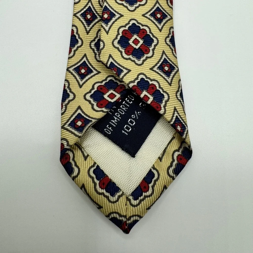 Lands End Mens Silk Tie Yellow Red‎ Navy Blue Geometric Medallion USA Necktie